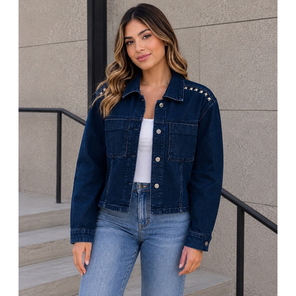 HUDSON Women's Studded Denim Jacket Dark Wash Blue Size XL NWT